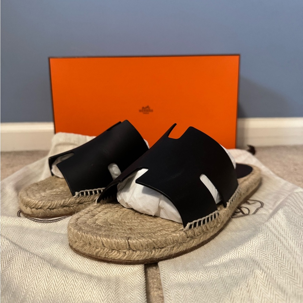 Hermes black Leather Espadrille Sandals